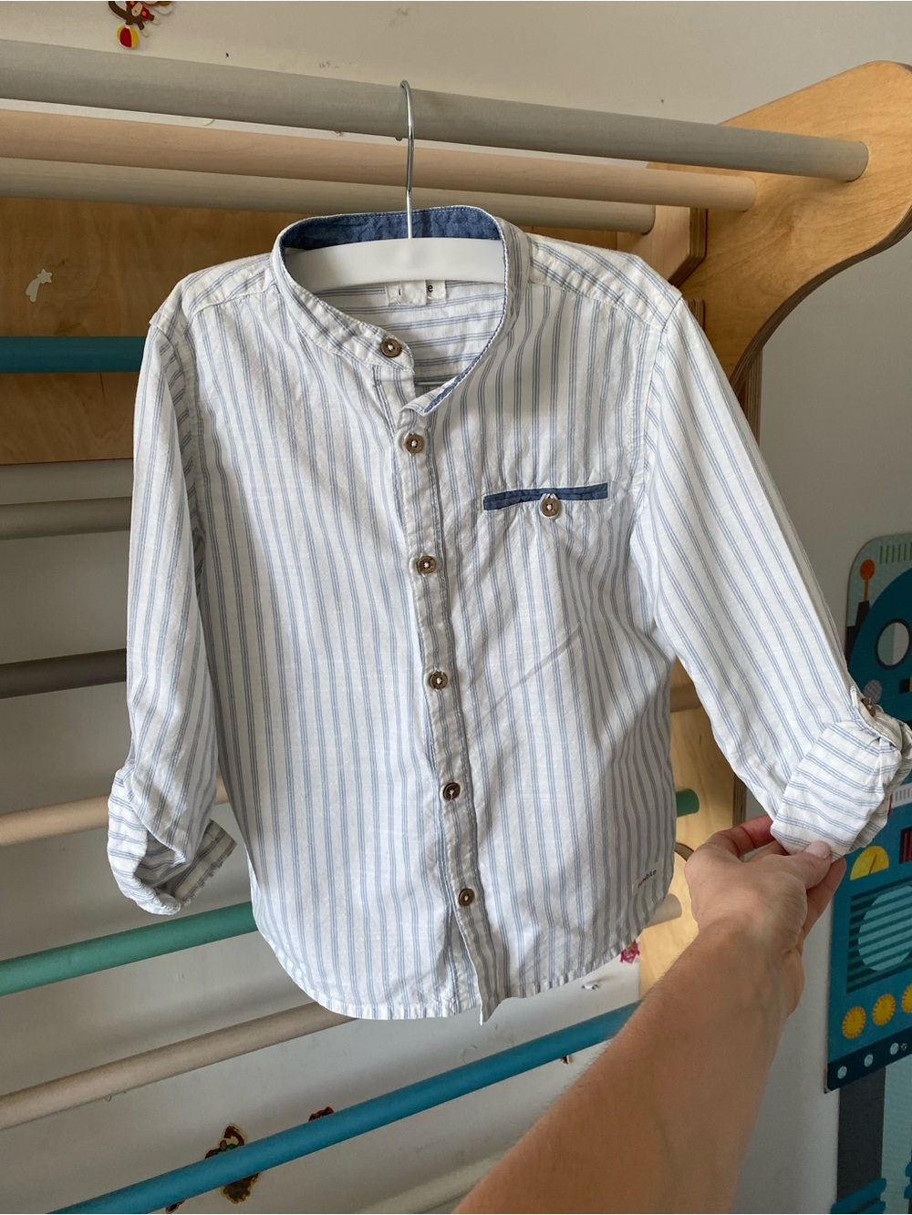 Newbie Boys' Blue and White Striped Mandarin Collar Shirt